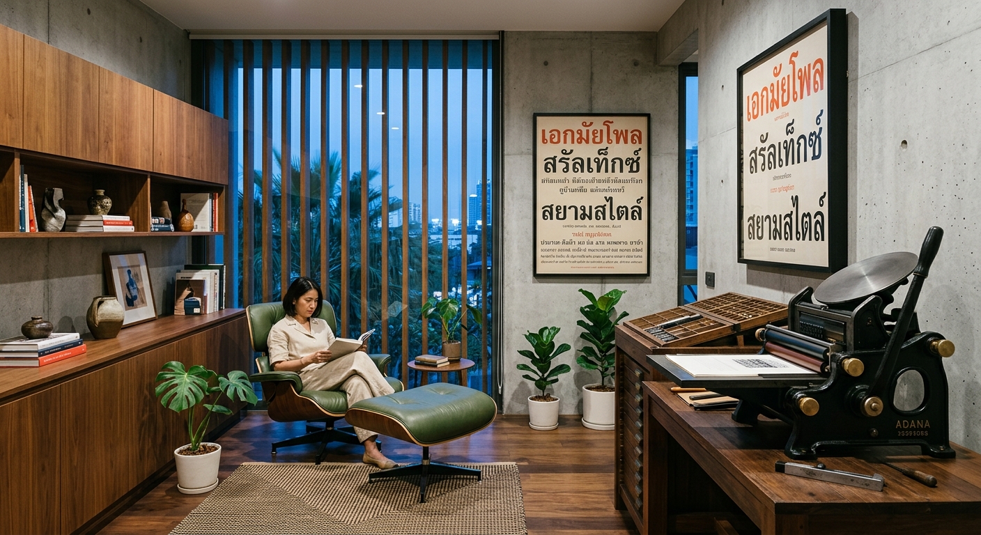 Mid-century modern type-foundry studio interior in Ekkamai, Bangkok